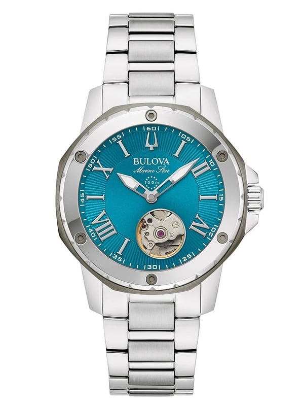 This Bulova Marine Star Analogue Watch for Women is the perfect timepiece to wear or to gift. It's Silver 35 mm Round case combined with the comfortable Silver Stainless steel watch band will ensure you enjoy this stunning timepiece without any compromise. Operated by a high quality Automatic movement and water resistant to 10 bars, your watch will keep ticking. Embrace a bold new you with the chic Bulova ladies’ automatic Marine Star. This Analogue watch is equipped with a Luminous Hands High quality Silver Stainless steel strap, measuring 19 cm in length and 17 mm in width, with a Deployment clasp. Case diameter: 35 mm,case thickness: 10 mm, case colour: Silver and dial colour: Blue