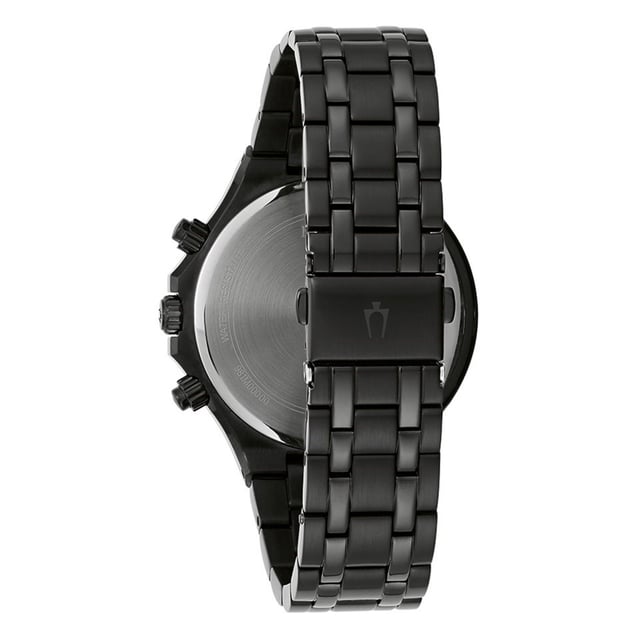 This Bulova  Chronograph Watch for Men is the perfect timepiece to wear or to gift. It's Black 41 mm Round case combined with the comfortable Black Stainless steel watch band will ensure you enjoy this stunning timepiece without any compromise. Operated by a high quality Quartz movement and water resistant to 3 bars, your watch will keep ticking. This high quality watch is suitable for every occasion,whether you are at work, leisure or at the banquet and so on. This Chronograph watch is equipped with a Stop Watch , 24-hour Display and Luminous Hands High quality Black Stainless steel strap, measuring 21 cm in length and 21 mm in width, with a Fold over with push button clasp. Case diameter: 41 mm,case thickness: 9 mm, case colour: Black and dial colour: Black