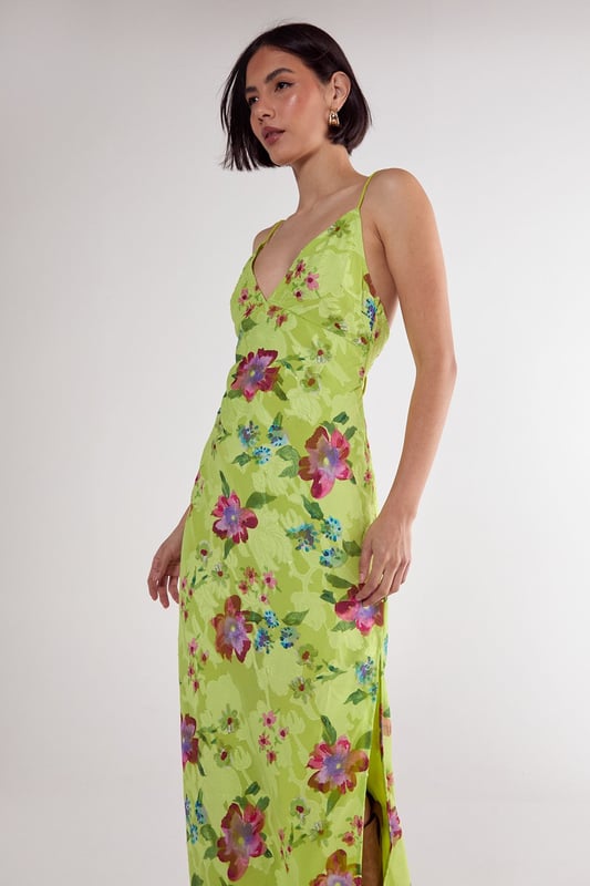 Floral Burnout Strappy Tie Back Split Leg Maxi Dress