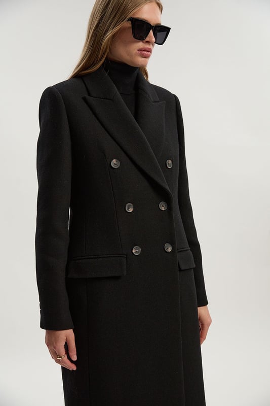Wool Double Breasted Tailored Midi Coat