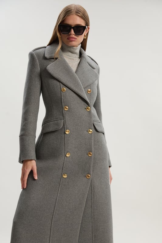 Wool Double Breasted Military Tailored Midi Coat