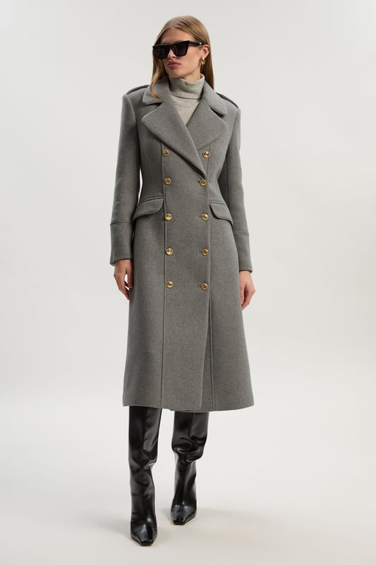 Wool Double Breasted Military Tailored Midi Coat