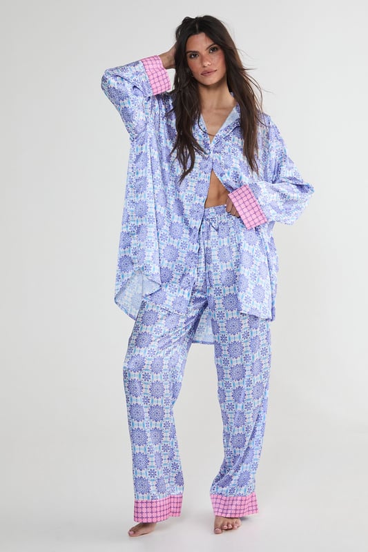 Satin Tile Print Border Oversized Pajama Pants Set