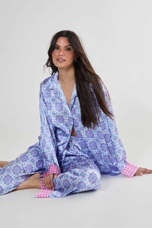 Satin Tile Print Border Oversized Pajama Pants Set