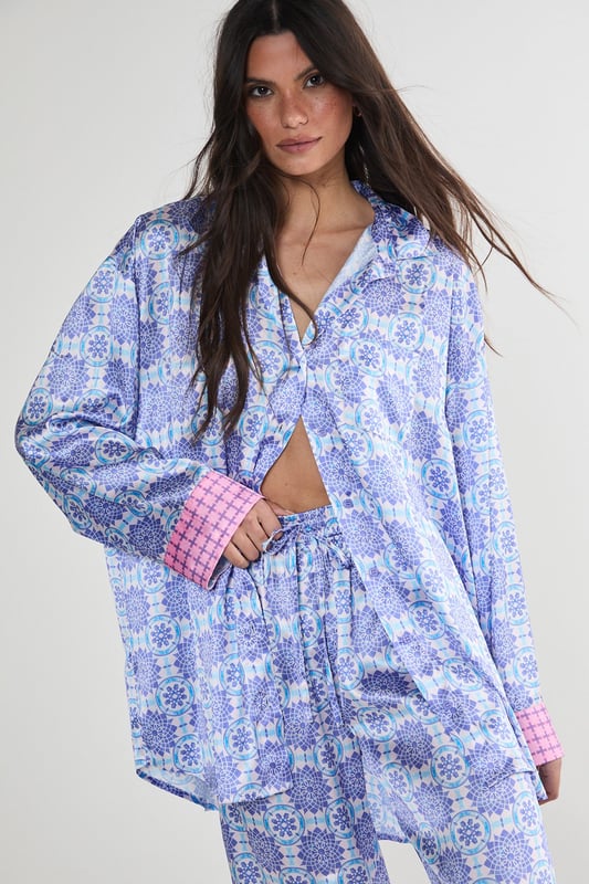 Satin Tile Print Border Oversized Pajama Pants Set