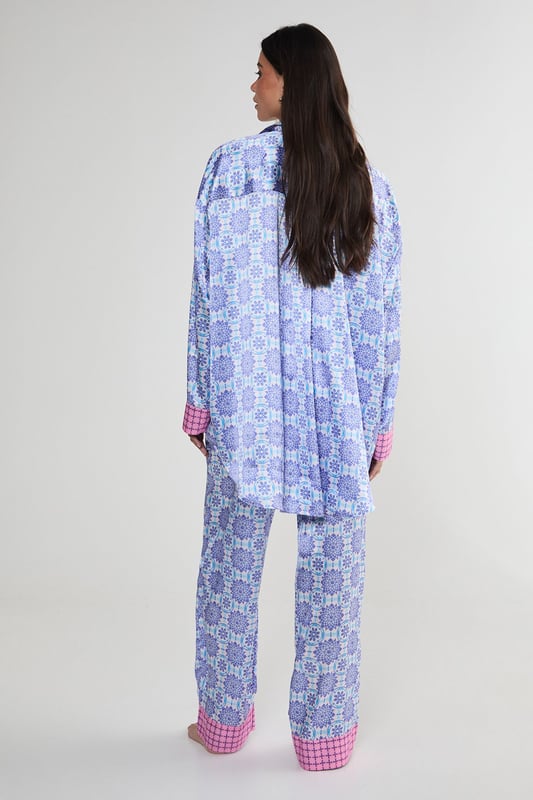Satin Tile Print Border Oversized Pajama Pants Set