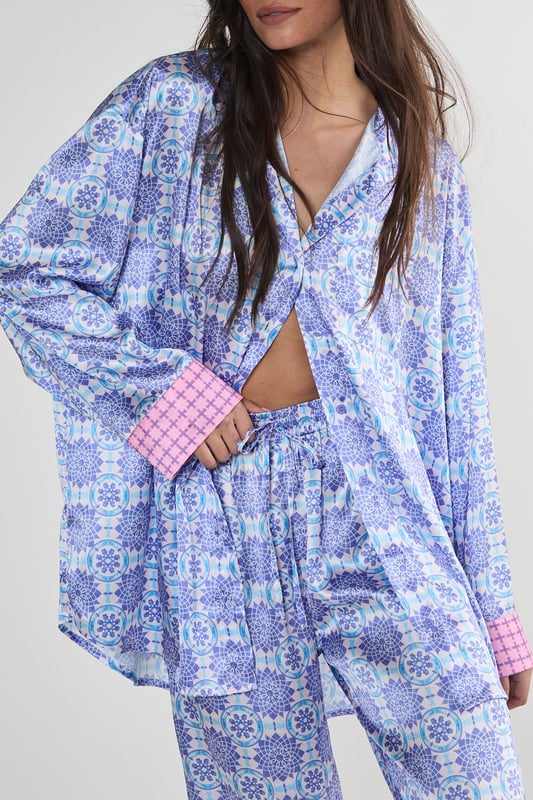 Satin Tile Print Border Oversized Pajama Pants Set