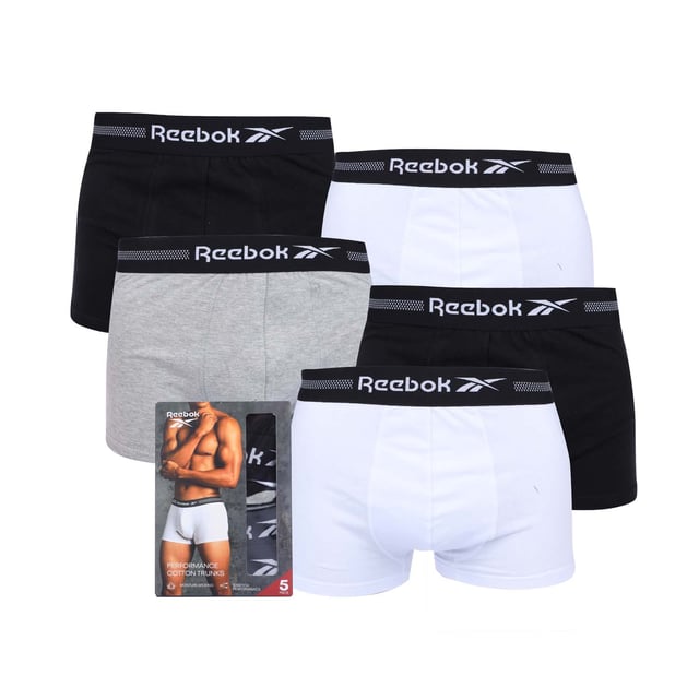 Mens Reebok 5 Pack of Sports Trunks in black.- Elasticated logo waistband.- Constructed from a soft cotton-stretch blend.- Moisture Wicking.- 57% Cotton  38% Polyester  5% Elastane.- Waist:S = 30-32inM = 33-35inL = 36-38inXL = 39-41in- Ref: U515013RBK5PKA