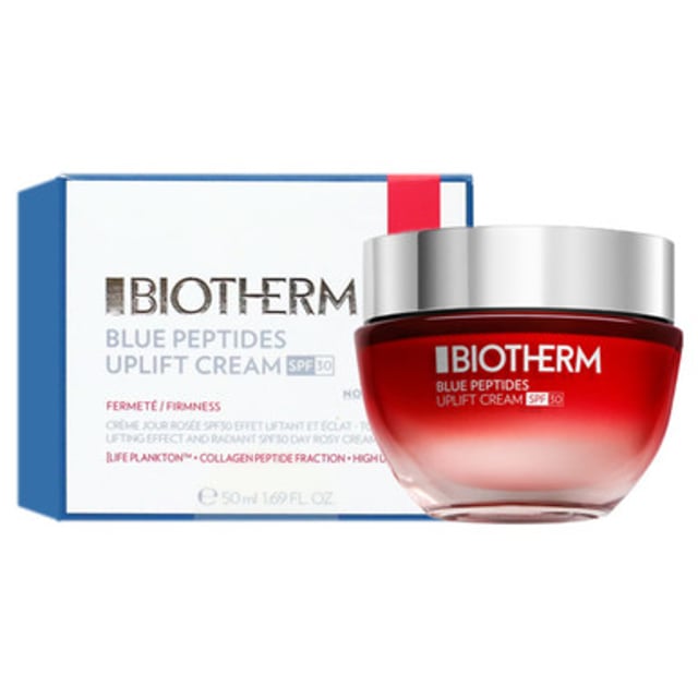 BIOTHERM BLUE PEPTIDES UPLIFT CREAM SPF30 50ML Biotherm Blue Peptides Uplift Firming Cream SPF30 50ml is a cream that can be used daily to protect your skin, restoring its elasticity and radiance.
It is enriched with a combination of collagen peptide fractions and Life Plankton to help boost firmness, offering a targeted solution for firming skin and combating the signs of cutaneous aging.
This cream protects the skin from long UVB-UVA rays, responsible for photoaging and collagen loss.
Subtly dewy, it instantly illuminates the skin.
Contours appear redefined, the appearance of wrinkles reduced, skin looks lifted.