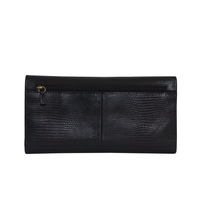 The ‘Claire’ flapover ladies purse is handcrafted with the premium lizard textured leather to give that designer look. Equipped with RFID technology, this practical ladies purse features a magnetic fastening closure with plenty of room to organise your cash, cards and coins. This large leather ladies purse is perfect to compliment your handbag and fits in easily. Stay safe and organised with ‘Claire’ the perfect addition to your collection of purses ideal for all outfits and occasions. Secured flap over magnetic fastening closure to store your essentials safely and securely. Foldover flap design. Equipped with RFID technology for safety. Additional back zip pocket to ensure you don’t run out of space. Two note compartments. Eight internal card compartments. Two windowed ID slots. Assots branded lined interiors. Lightweight for easy carry. Fittings Colour: Clean Brass. Composition: Body: 100% Genuine Leather. Lining: 100% Cotton. DISCLAIMER : All pictures shown are for illustration purpose only. Actual product colour may vary due to different ambience lighting or the screen display settings.