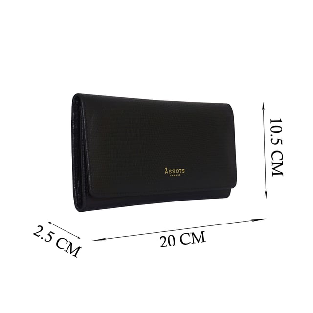 The ‘Claire’ flapover ladies purse is handcrafted with the premium lizard textured leather to give that designer look. Equipped with RFID technology, this practical ladies purse features a magnetic fastening closure with plenty of room to organise your cash, cards and coins. This large leather ladies purse is perfect to compliment your handbag and fits in easily. Stay safe and organised with ‘Claire’ the perfect addition to your collection of purses ideal for all outfits and occasions. Secured flap over magnetic fastening closure to store your essentials safely and securely. Foldover flap design. Equipped with RFID technology for safety. Additional back zip pocket to ensure you don’t run out of space. Two note compartments. Eight internal card compartments. Two windowed ID slots. Assots branded lined interiors. Lightweight for easy carry. Fittings Colour: Clean Brass. Composition: Body: 100% Genuine Leather. Lining: 100% Cotton. DISCLAIMER : All pictures shown are for illustration purpose only. Actual product colour may vary due to different ambience lighting or the screen display settings.