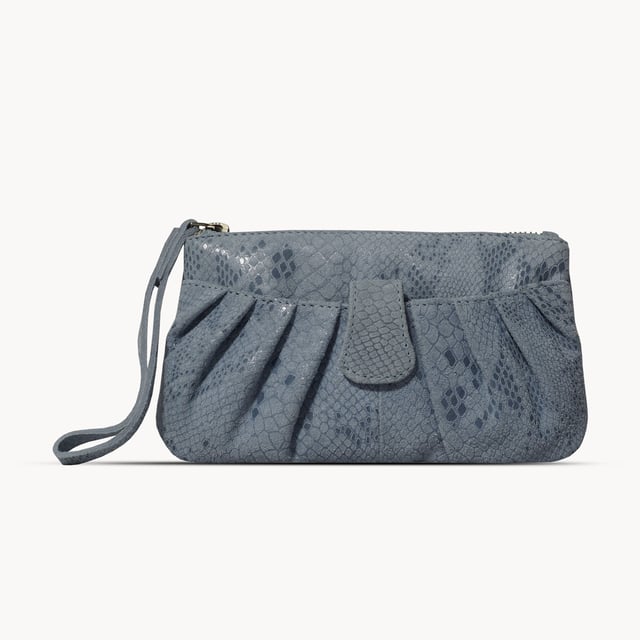 The 'Darcy' is handcrafted with soft and supple snake print leather chosen to fit the pleated style perfectly and to achieve a sophisticated look. This leather wristlet purse features a metal zip top closure which opens to fully lined branded interiors. It also has an additional slip pocket behind the pleated design which is also secured with a tab over magnetic leather loop. The extremely lightweight 'Darcy' is the perfect pouch which fits easily into any bag. 