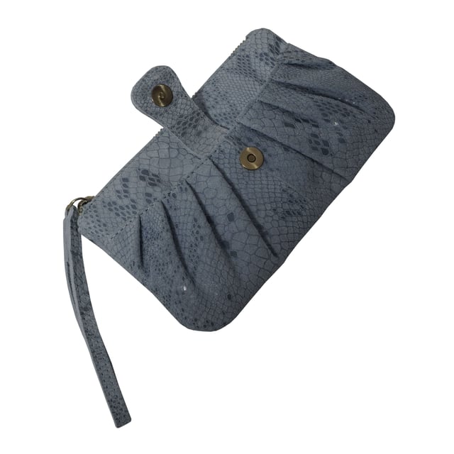 The 'Darcy' is handcrafted with soft and supple snake print leather chosen to fit the pleated style perfectly and to achieve a sophisticated look. This leather wristlet purse features a metal zip top closure which opens to fully lined branded interiors. It also has an additional slip pocket behind the pleated design which is also secured with a tab over magnetic leather loop. The extremely lightweight 'Darcy' is the perfect pouch which fits easily into any bag. 