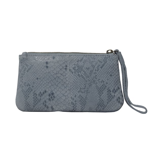 The 'Darcy' is handcrafted with soft and supple snake print leather chosen to fit the pleated style perfectly and to achieve a sophisticated look. This leather wristlet purse features a metal zip top closure which opens to fully lined branded interiors. It also has an additional slip pocket behind the pleated design which is also secured with a tab over magnetic leather loop. The extremely lightweight 'Darcy' is the perfect pouch which fits easily into any bag. 
