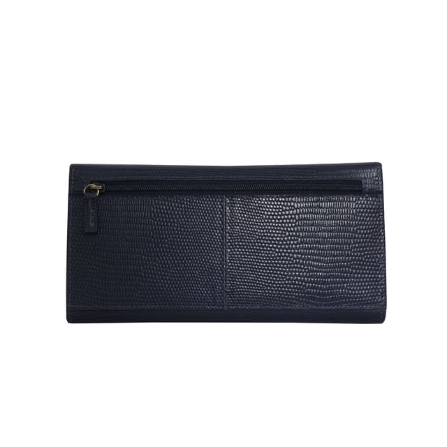 The ‘Claire’ flapover ladies purse is handcrafted with the premium lizard textured leather to give that designer look. Equipped with RFID technology, this practical ladies purse features a magnetic fastening closure with plenty of room to organise your cash, cards and coins. This large leather ladies purse is perfect to compliment your handbag and fits in easily. Stay safe and organised with ‘Claire’ the perfect addition to your collection of purses ideal for all outfits and occasions. Secured flap over magnetic fastening closure to store your essentials safely and securely. Foldover flap design. Equipped with RFID technology for safety. Additional back zip pocket to ensure you don’t run out of space. Two note compartments. Eight internal card compartments. Two windowed ID slots. Assots branded lined interiors. Lightweight for easy carry. Fittings Colour: Clean Brass. Composition: Body: 100% Genuine Leather. Lining: 100% Cotton. DISCLAIMER : All pictures shown are for illustration purpose only. Actual product colour may vary due to different ambience lighting or the screen display settings.