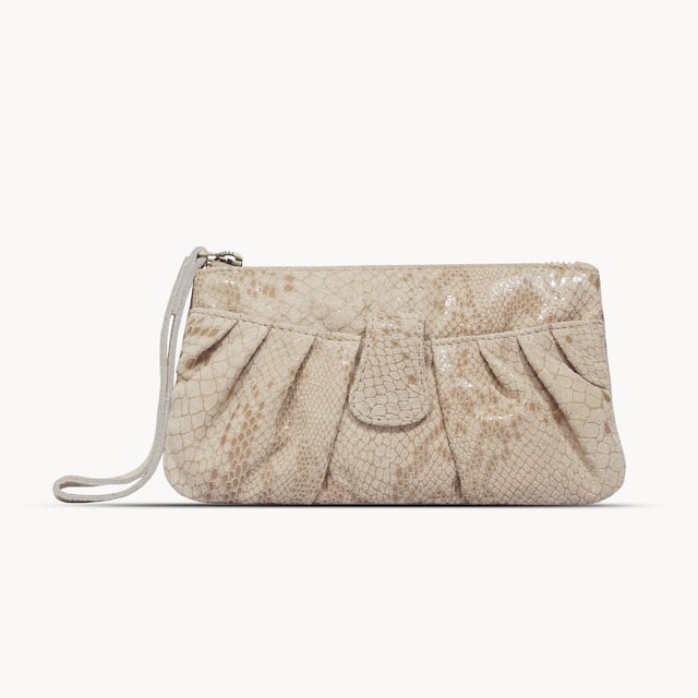 The 'Darcy' is handcrafted with soft and supple snake print leather chosen to fit the pleated style perfectly and to achieve a sophisticated look. This leather wristlet purse features a metal zip top closure which opens to fully lined branded interiors. It also has an additional slip pocket behind the pleated design which is also secured with a tab over magnetic leather loop. The extremely lightweight 'Darcy' is the perfect pouch which fits easily into any bag. 