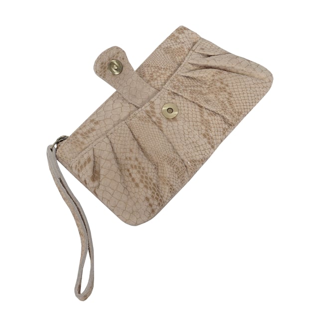 The 'Darcy' is handcrafted with soft and supple snake print leather chosen to fit the pleated style perfectly and to achieve a sophisticated look. This leather wristlet purse features a metal zip top closure which opens to fully lined branded interiors. It also has an additional slip pocket behind the pleated design which is also secured with a tab over magnetic leather loop. The extremely lightweight 'Darcy' is the perfect pouch which fits easily into any bag. 