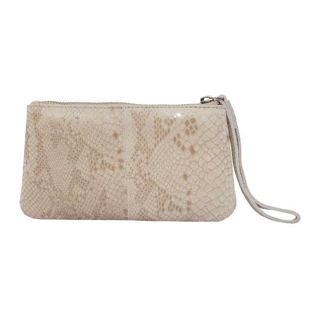 The 'Darcy' is handcrafted with soft and supple snake print leather chosen to fit the pleated style perfectly and to achieve a sophisticated look. This leather wristlet purse features a metal zip top closure which opens to fully lined branded interiors. It also has an additional slip pocket behind the pleated design which is also secured with a tab over magnetic leather loop. The extremely lightweight 'Darcy' is the perfect pouch which fits easily into any bag. 