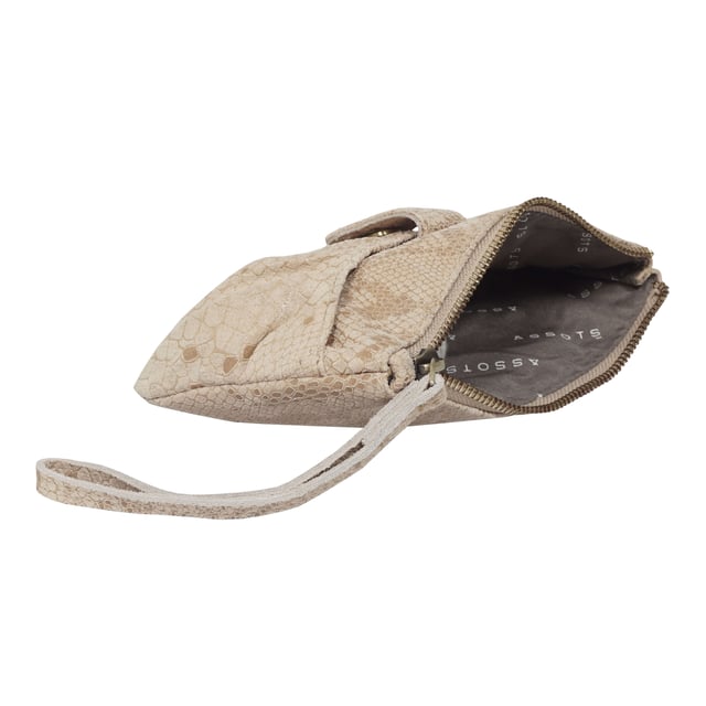 The 'Darcy' is handcrafted with soft and supple snake print leather chosen to fit the pleated style perfectly and to achieve a sophisticated look. This leather wristlet purse features a metal zip top closure which opens to fully lined branded interiors. It also has an additional slip pocket behind the pleated design which is also secured with a tab over magnetic leather loop. The extremely lightweight 'Darcy' is the perfect pouch which fits easily into any bag. 
