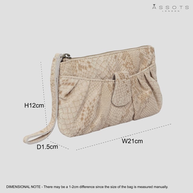The 'Darcy' is handcrafted with soft and supple snake print leather chosen to fit the pleated style perfectly and to achieve a sophisticated look. This leather wristlet purse features a metal zip top closure which opens to fully lined branded interiors. It also has an additional slip pocket behind the pleated design which is also secured with a tab over magnetic leather loop. The extremely lightweight 'Darcy' is the perfect pouch which fits easily into any bag. 