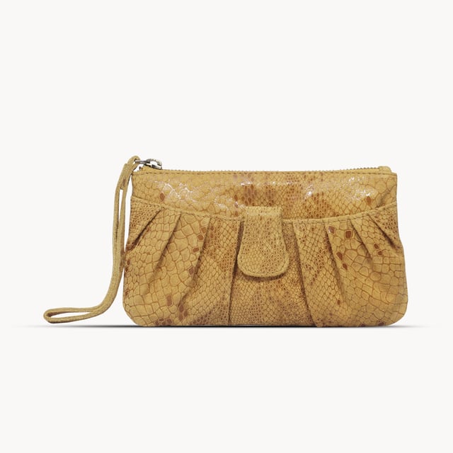 The 'Darcy' is handcrafted with soft and supple snake print leather chosen to fit the pleated style perfectly and to achieve a sophisticated look. This leather wristlet purse features a metal zip top closure which opens to fully lined branded interiors. It also has an additional slip pocket behind the pleated design which is also secured with a tab over magnetic leather loop. The extremely lightweight 'Darcy' is the perfect pouch which fits easily into any bag. 