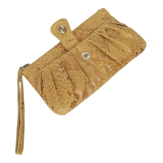The 'Darcy' is handcrafted with soft and supple snake print leather chosen to fit the pleated style perfectly and to achieve a sophisticated look. This leather wristlet purse features a metal zip top closure which opens to fully lined branded interiors. It also has an additional slip pocket behind the pleated design which is also secured with a tab over magnetic leather loop. The extremely lightweight 'Darcy' is the perfect pouch which fits easily into any bag. 