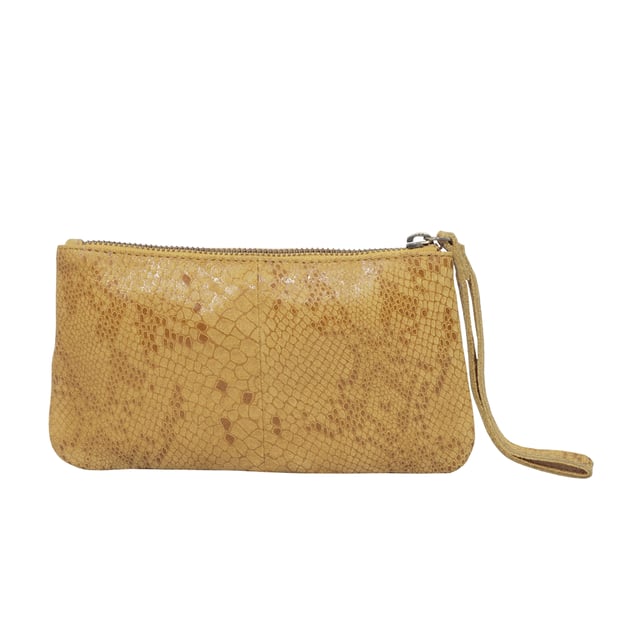 The 'Darcy' is handcrafted with soft and supple snake print leather chosen to fit the pleated style perfectly and to achieve a sophisticated look. This leather wristlet purse features a metal zip top closure which opens to fully lined branded interiors. It also has an additional slip pocket behind the pleated design which is also secured with a tab over magnetic leather loop. The extremely lightweight 'Darcy' is the perfect pouch which fits easily into any bag. 