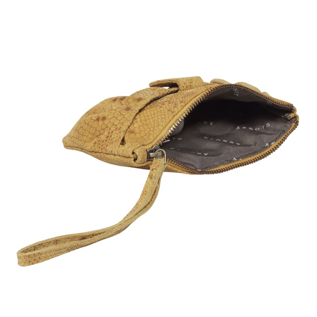The 'Darcy' is handcrafted with soft and supple snake print leather chosen to fit the pleated style perfectly and to achieve a sophisticated look. This leather wristlet purse features a metal zip top closure which opens to fully lined branded interiors. It also has an additional slip pocket behind the pleated design which is also secured with a tab over magnetic leather loop. The extremely lightweight 'Darcy' is the perfect pouch which fits easily into any bag. 