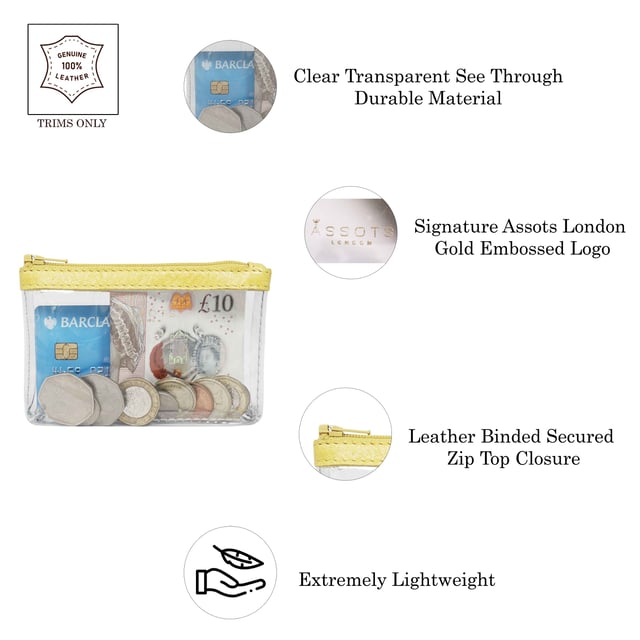 Size:13cm x 8.5cm x 2cm. The Dinah Transparent Zip Top Coin Purse is a unique handcrafted leather accessory that combines practicality with a fashionable twist. Its transparent design is sure to draw attention, while its compact size makes it an ideal accessory for any occasion. Composition:Body: Genuine Leather, PU transparent, Lining: Polyester.