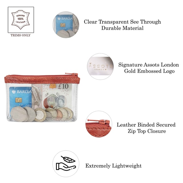 Size:13cm x 8.5cm x 2cm. The Dinah Transparent Zip Top Coin Purse is a unique handcrafted leather accessory that combines practicality with a fashionable twist. Its transparent design is sure to draw attention, while its compact size makes it an ideal accessory for any occasion. Composition:Body: Genuine Leather, PU transparent, Lining: Polyester.
