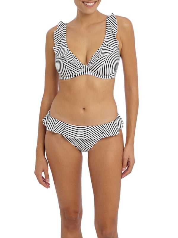 Freya Jewel Cove Italini Bikini Brief. Low rise with cut away back and frill detail. Product is made of 82% Nylon/Polyamide, 18% Elastane and is recommended hand-wash only.
