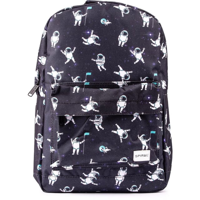 Spiral Spaceman Backpack Get excited and look forward to your everyday adventures with this Spaceman backpack from Spiral. Featuring a funky and fun space theme on a strong polyester fabric, twin zip opening, zipped front pocket and an internal laptop sleeve for convenience and quality.