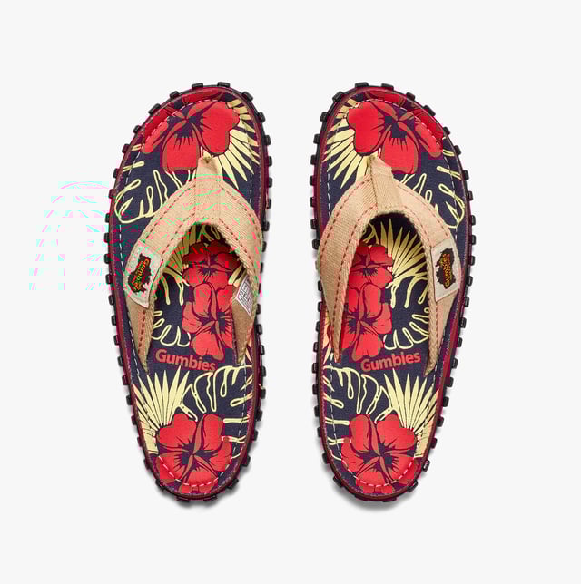 Gumbies Islander Unisex Recycled Flip-flops Denim Hibiscus Unisex flip-flops feature recycled cotton canvas uppers and soles made from recycled rubber. Lightweight, breathable, and comfortable, they are ideal for casual wear and easy slip-on style