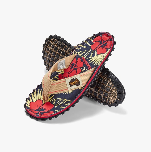 Gumbies Islander Unisex Recycled Flip-flops Denim Hibiscus Unisex flip-flops feature recycled cotton canvas uppers and soles made from recycled rubber. Lightweight, breathable, and comfortable, they are ideal for casual wear and easy slip-on style