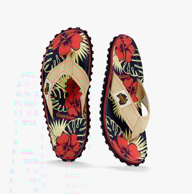 Gumbies Islander Unisex Recycled Flip-flops Denim Hibiscus Unisex flip-flops feature recycled cotton canvas uppers and soles made from recycled rubber. Lightweight, breathable, and comfortable, they are ideal for casual wear and easy slip-on style