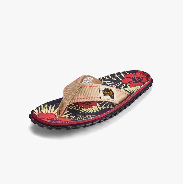 Gumbies Islander Unisex Recycled Flip-flops Denim Hibiscus Unisex flip-flops feature recycled cotton canvas uppers and soles made from recycled rubber. Lightweight, breathable, and comfortable, they are ideal for casual wear and easy slip-on style