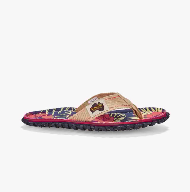 Gumbies Islander Unisex Recycled Flip-flops Denim Hibiscus Unisex flip-flops feature recycled cotton canvas uppers and soles made from recycled rubber. Lightweight, breathable, and comfortable, they are ideal for casual wear and easy slip-on style