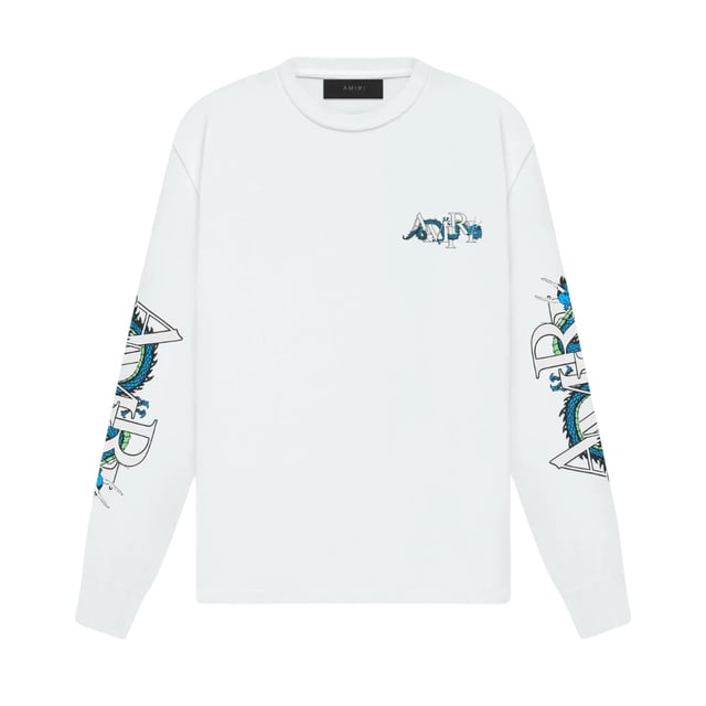 The Amiri LNY Dragon Long Sleeve White T-Shirt combines premium quality with striking design. Crafted from 100% cotton, this shirt offers exceptional comfort and breathability, perfect for everyday wear. Made in the USA, it reflects superior craftsmanship and attention to detail. The bold dragon motif adds a unique, stylish edge that sets you apart, making it an ideal choice for those who appreciate both fashion and quality. Elevate your wardrobe with this versatile long sleeve tee that pairs effortlessly with any outfit while keeping you comfortable all day long