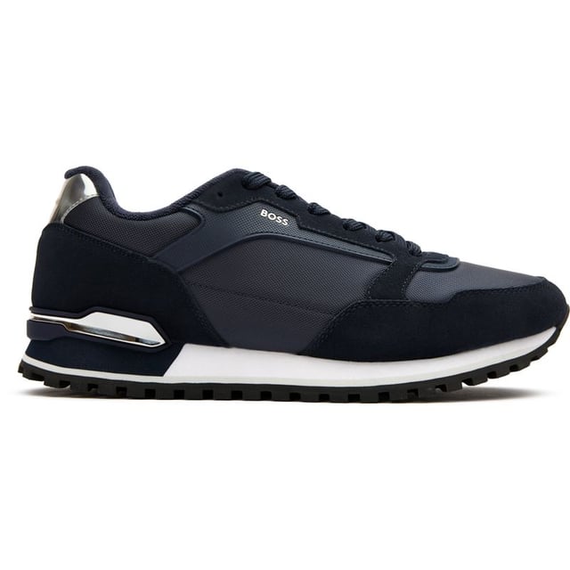 Boss Parkour Trainers The BOSS Parkour trainers fuse style and performance in a striking navy design. Crafted with a luxurious nylon upper that delivers both sophistication and durability, these running-inspired shoes are built for everyday adventures. The lightweight EVA rubber outsole provides excellent traction while reducing fatigue during extended wear. Their sleek profile and premium construction ensure these trainers will remain a versatile staple in your collection, pairing effortlessly with both casual and smart-casual outfits.