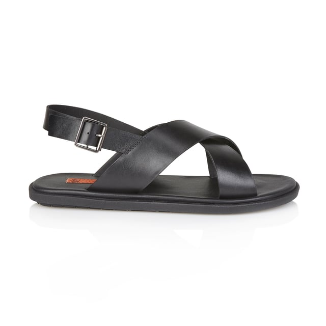 Leather open-toe men's sandals with a textile lining, rubber sole, slip-on closure, lightweight design, and flat heel, ideal for casual wear and comfort