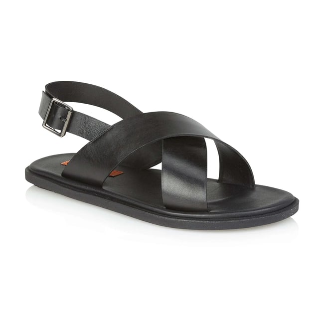 Leather open-toe men's sandals with a textile lining, rubber sole, slip-on closure, lightweight design, and flat heel, ideal for casual wear and comfort