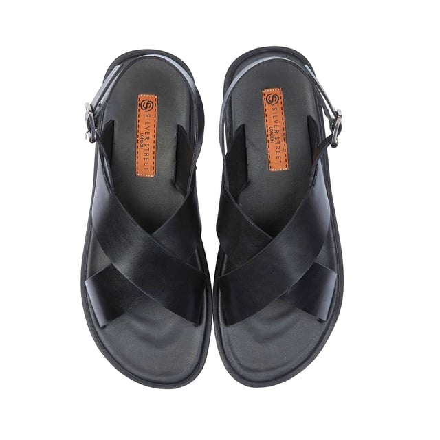 Leather open-toe men's sandals with a textile lining, rubber sole, slip-on closure, lightweight design, and flat heel, ideal for casual wear and comfort