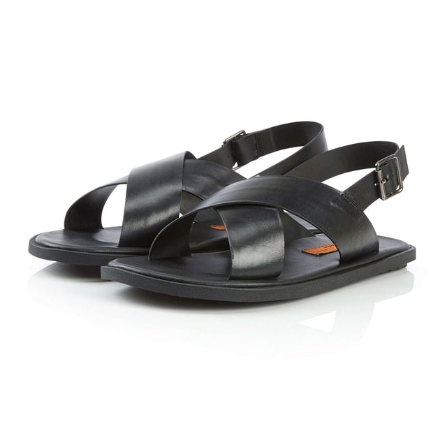 Leather open-toe men's sandals with a textile lining, rubber sole, slip-on closure, lightweight design, and flat heel, ideal for casual wear and comfort