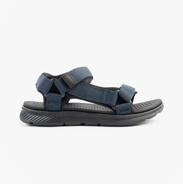 Upper textile with synthetic lining and sole, open toe design, touch fasten closure, relaxed width, flat heel, and comfort features make these men's casual sandals ideal for everyday wear