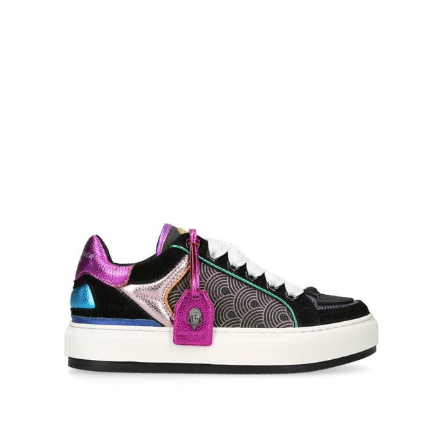 The Kurt Geiger Southbank Tag sneaker features a black upper with rainbow print across the sides. There are multi-colour metallic laminated pebble grain cow leather panels across the shoe as well as tag with antiqued silver eagle head. Sole height: 3.5cm.