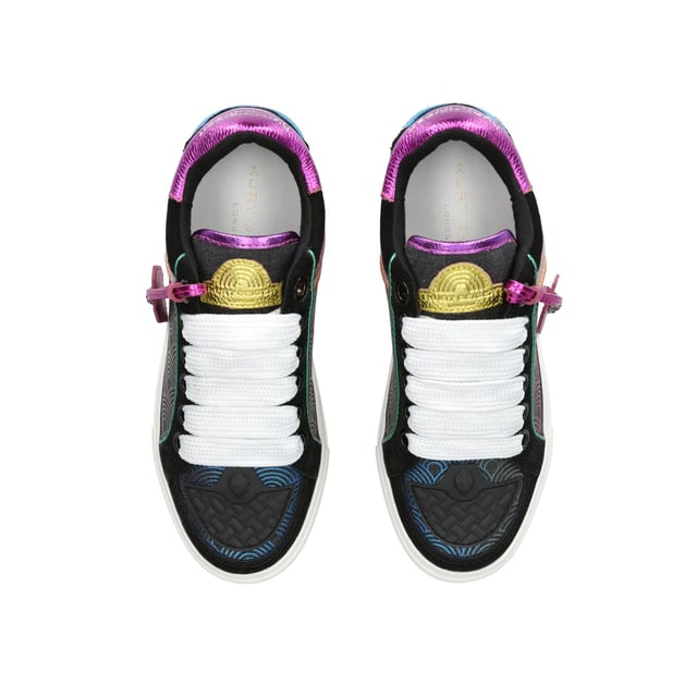 The Kurt Geiger Southbank Tag sneaker features a black upper with rainbow print across the sides. There are multi-colour metallic laminated pebble grain cow leather panels across the shoe as well as tag with antiqued silver eagle head. Sole height: 3.5cm.