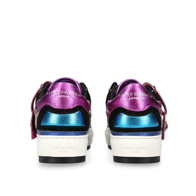 The Kurt Geiger Southbank Tag sneaker features a black upper with rainbow print across the sides. There are multi-colour metallic laminated pebble grain cow leather panels across the shoe as well as tag with antiqued silver eagle head. Sole height: 3.5cm.