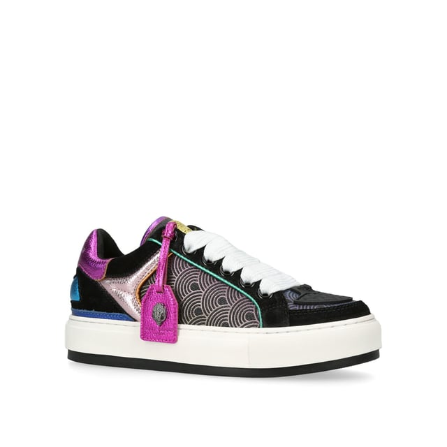 The Kurt Geiger Southbank Tag sneaker features a black upper with rainbow print across the sides. There are multi-colour metallic laminated pebble grain cow leather panels across the shoe as well as tag with antiqued silver eagle head. Sole height: 3.5cm.