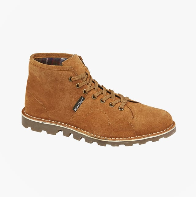 These monkey boots feature a suede upper, textile lining, and PVC sole with a lace-up closure. Designed for comfort, they are suitable for casual wear and have a flat heel and ankle shaft