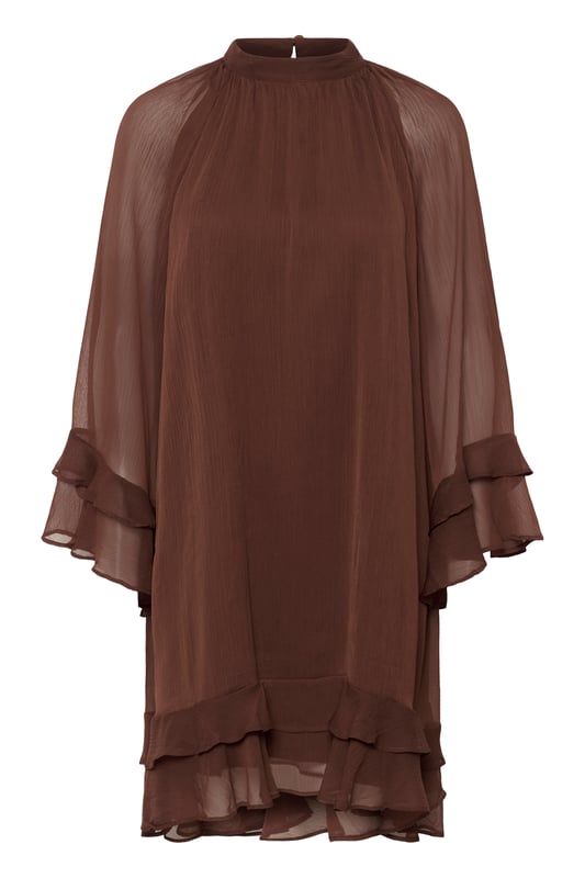 Chiffonkleid mit lockerer Passform, hohem Ausschnitt und mehrlagigen Volants an Ärmeln und Saum. Luftig-leichtes, knielanges Design für vielseitigen Komfort.  Schonwäsche 30°, Nicht bleichen, Nicht im Trockner trocknen, Tropnass aufhängen, Kalt bügeln max. 110° C, Nicht trockenreinigen  100% Polyester (Recycelt)